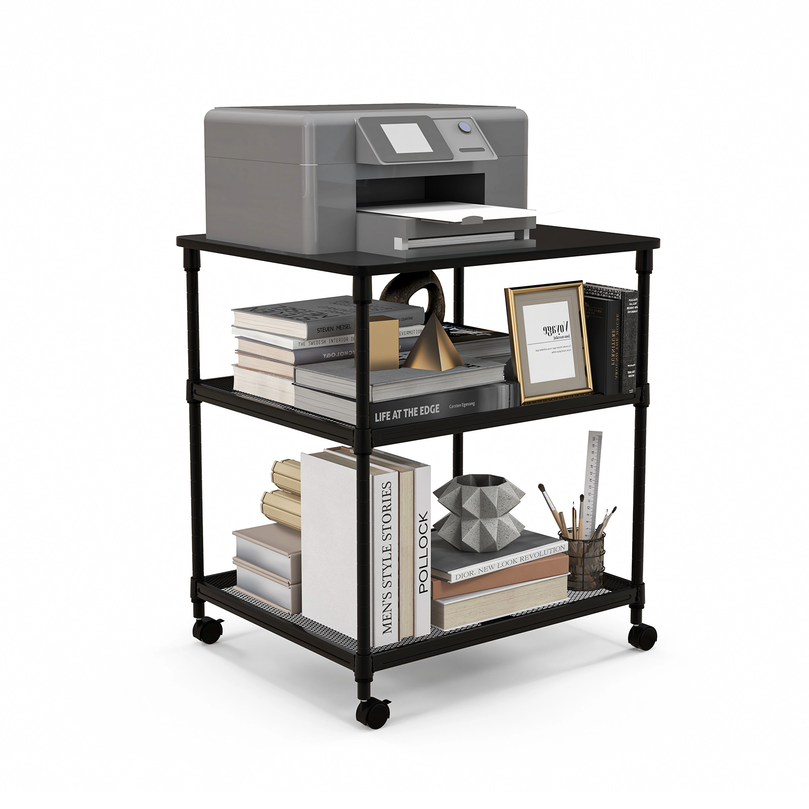 SUGIFT 3-Tier 110-lb Capacity Black Rolling Printer Stand Cart with Adjustable Shelf and Swivel Wheels