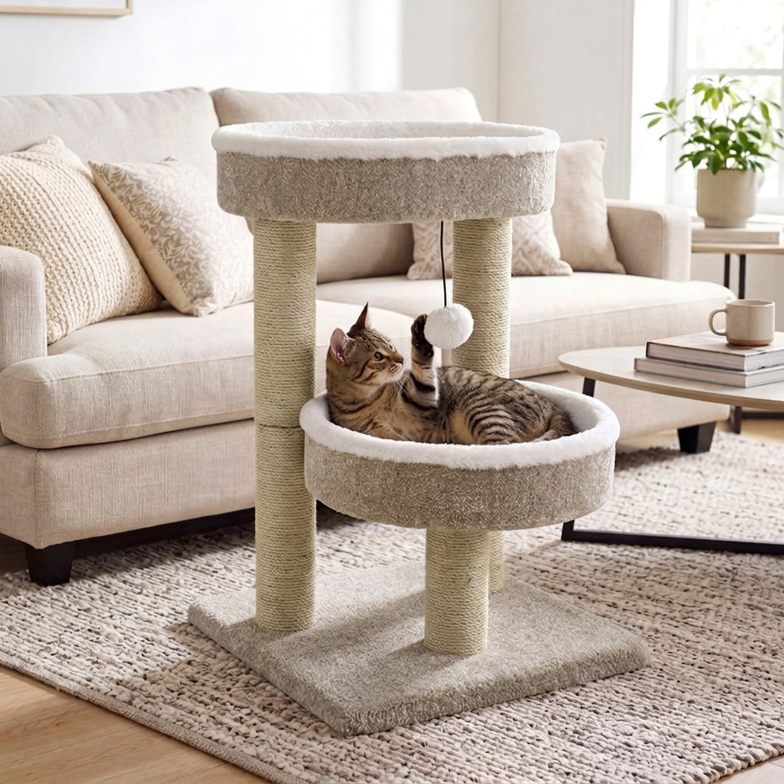 SUGIFT 24-in Cat Tree Tower with 2 Plush Perches Scratching Posts and Dangling Ball 33-lb Capacity White+Beige