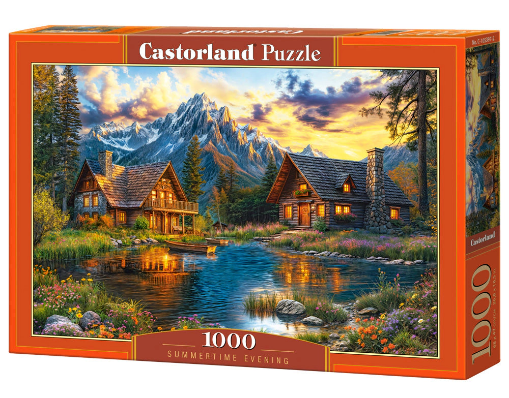 CASTORLAND 1000 Piece Jigsaw Puzzles, Summertime Evening, Cozy mountain cabins, Peaceful beauty, Sunset, C-105397-2