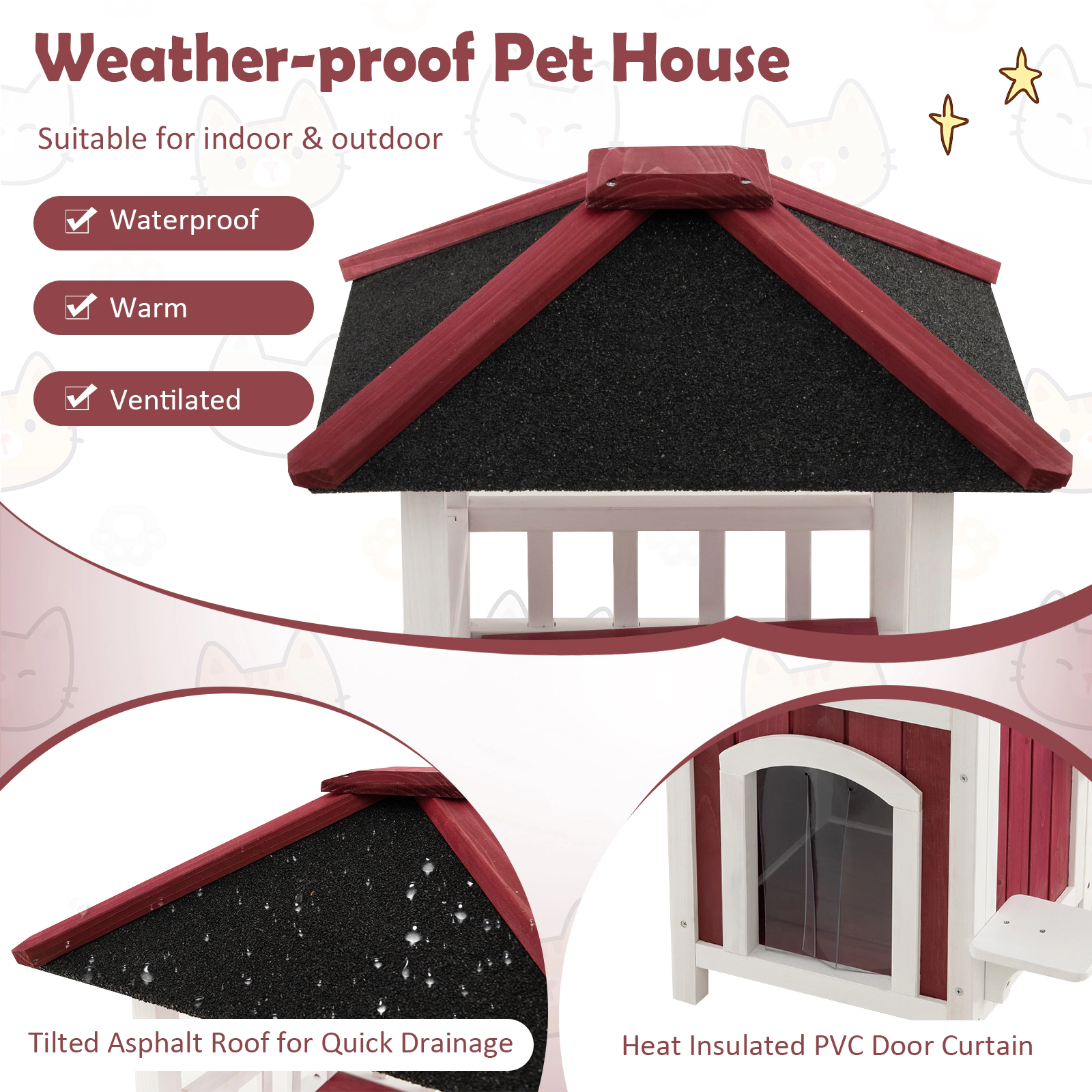 SUGIFT 23 x 34-in 33-lb Platform Capacity Red 2-Story Wooden Outdoor Cat House with Asphalt Roof and Balcony