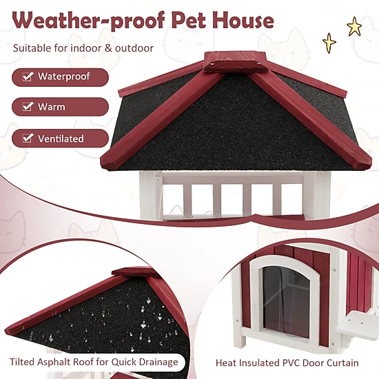 SUGIFT 23 x 34-in 33-lb Platform Capacity Red 2-Story Wooden Outdoor Cat House with Asphalt Roof and Balcony