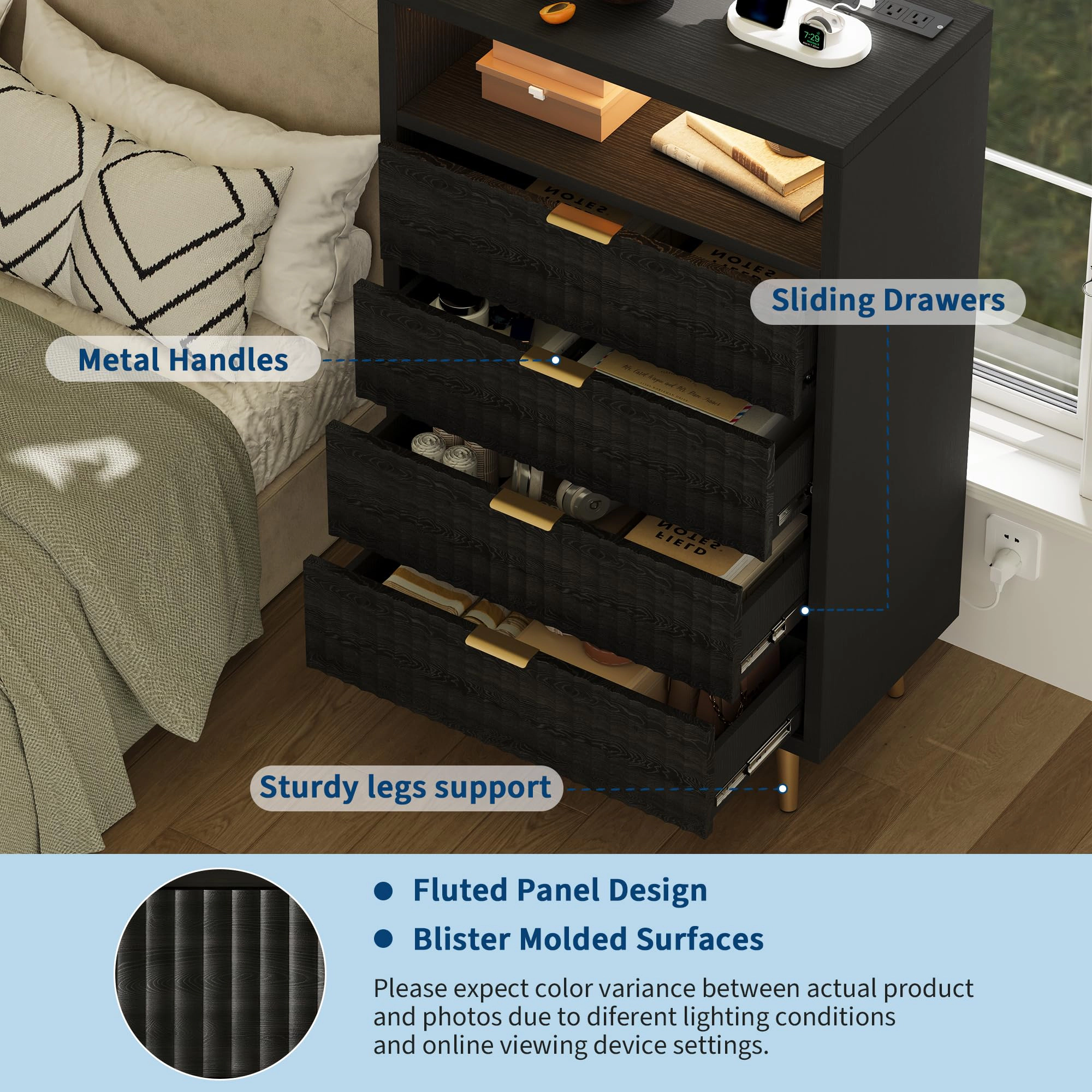 4-Drawer Dresser with Charging Station and RGB LED Lights, Storage Chest Open Compartment Gold Handles
