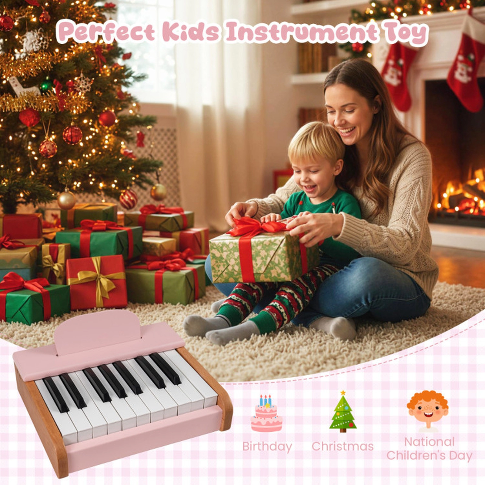 SUGIFT Kids Pink 18-Key Wooden Toy Piano with Removable Music Stand 11.5-in W 9.5-in D 3-in H Ages 3+
