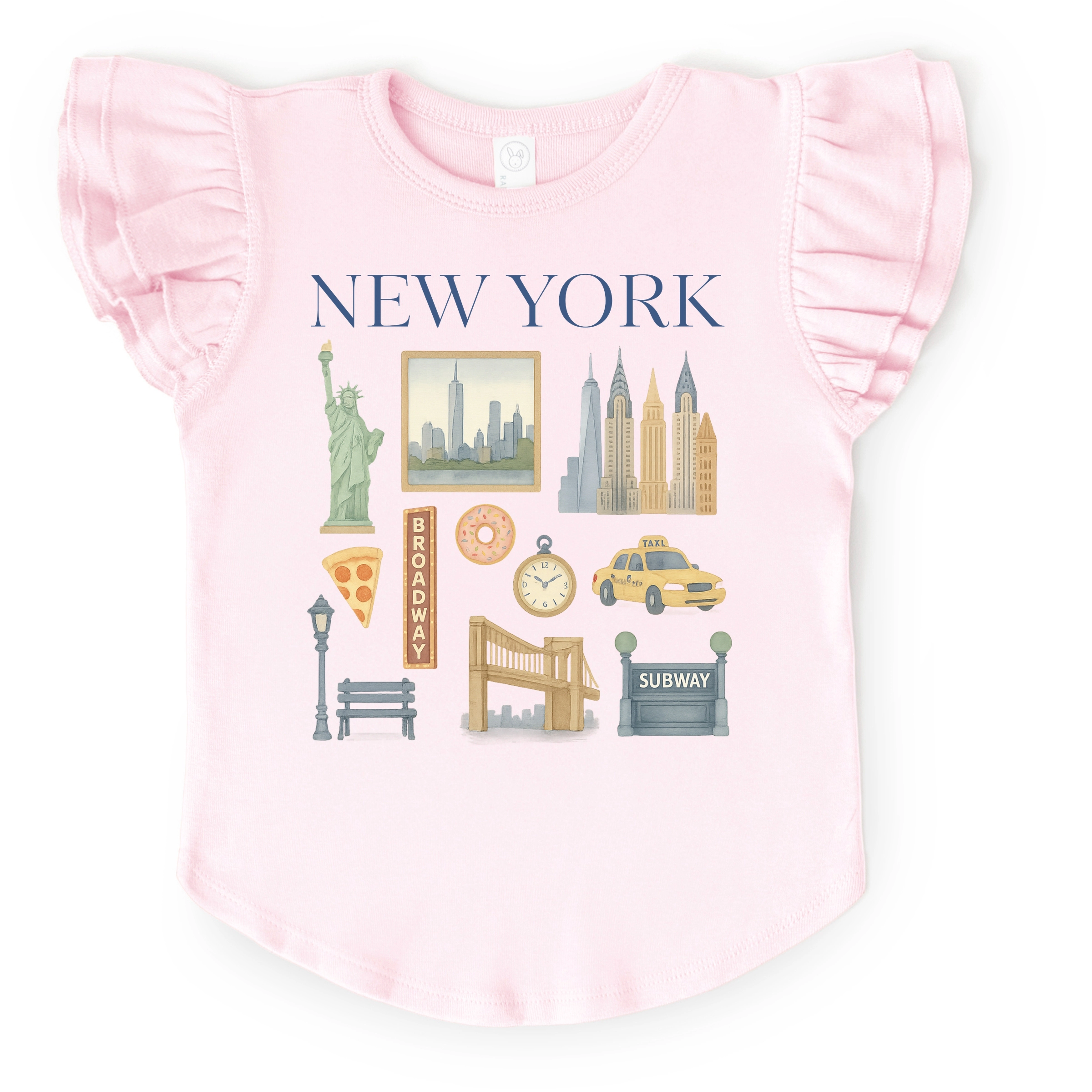 The Juniper Shop - Girl's Flutter Sleeve Graphic T-Shirt New York Watercolor Collage
