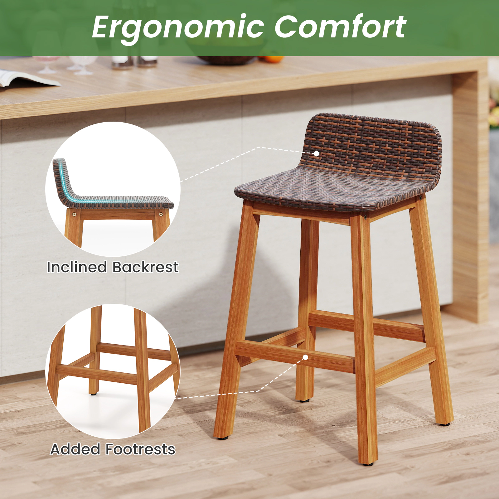 SUGIFT Porch Bar Stools with Backrests and Footrests 400-lb Capacity 26-in Seat Height Natural Brown