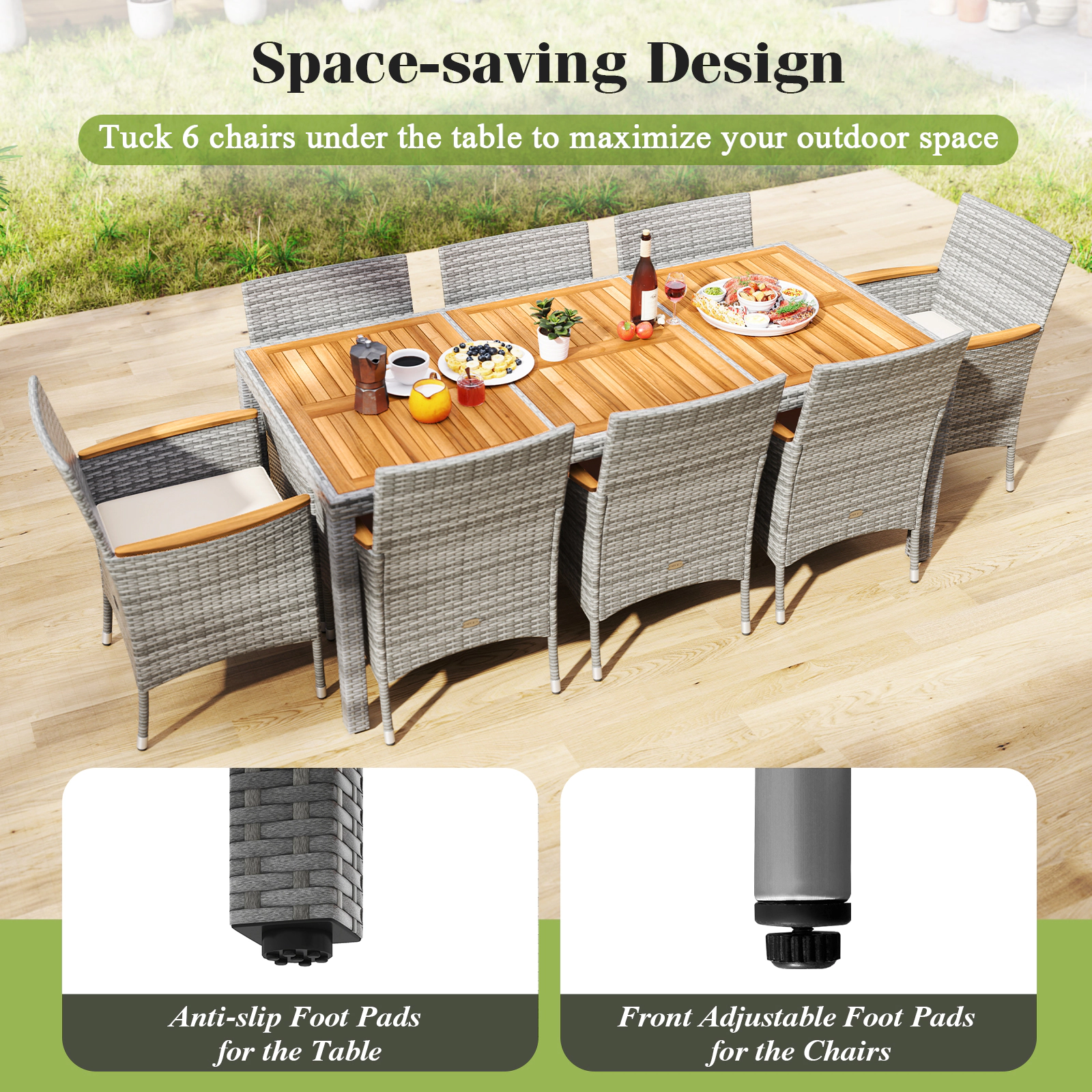 SUGIFT White Acacia Wood Table for Deck and Garden Off 9-Piece Patio PE Wicker Dining Set