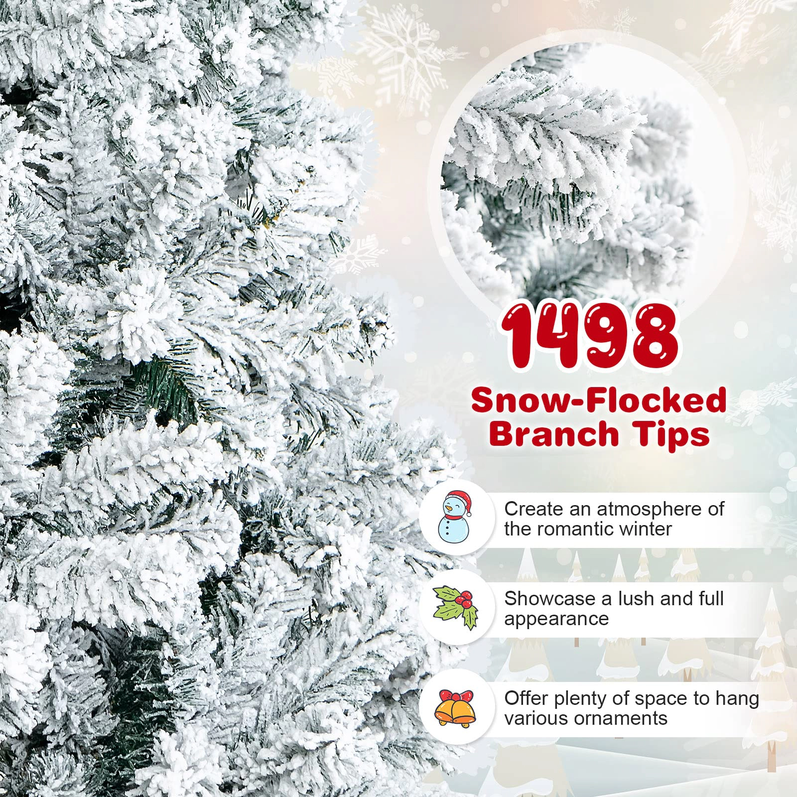 Glintex 9-Ft Pre-Lit Snow Flocked Christmas Tree with 550 LED Lights, White