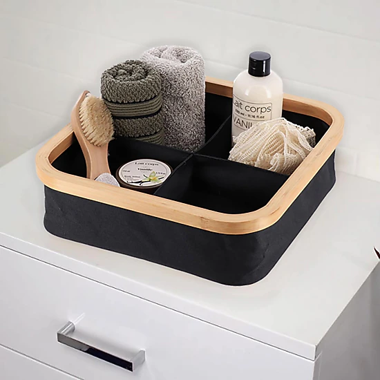 Evideco French Home Goods Black Bamboo-Frame Foldable Storage Basket 15 x 10 x 6 in