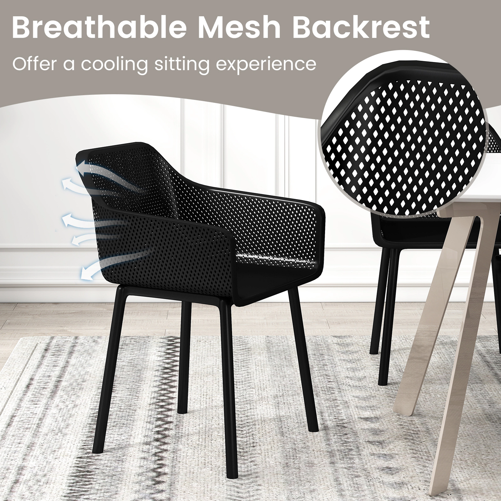 LJG Modern Plastic Dining Chairs Set of 2 Kitchen Armchairs with Breathable Mesh Backres