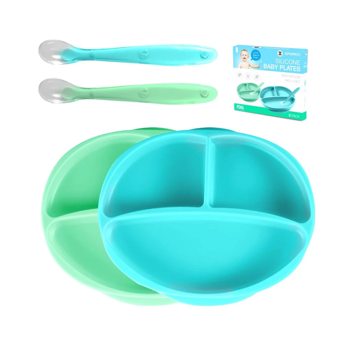 Sperric Silicone Suction Plate for Baby, 100% Food Grade Divided Plate, Self Feeding Training & Spoon 2Set