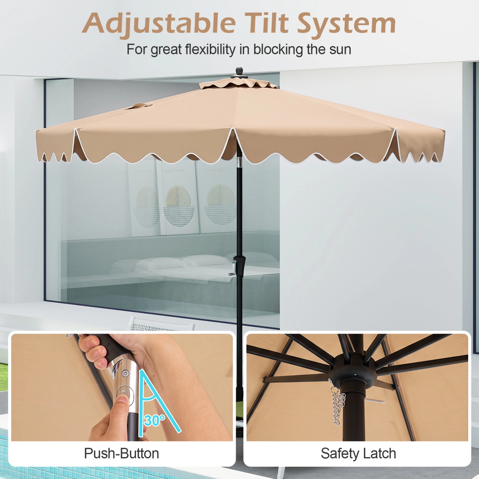 SUGIFT 9 ft Ruffled Patio Umbrella with Crank Handle and 25 Degree Push Button Tilt