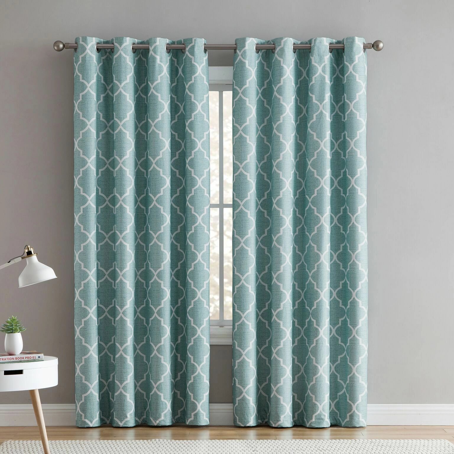 Kate Aurora 2 Piece 100% Full Blackout Trellis Grommet Top Window Curtain Panels