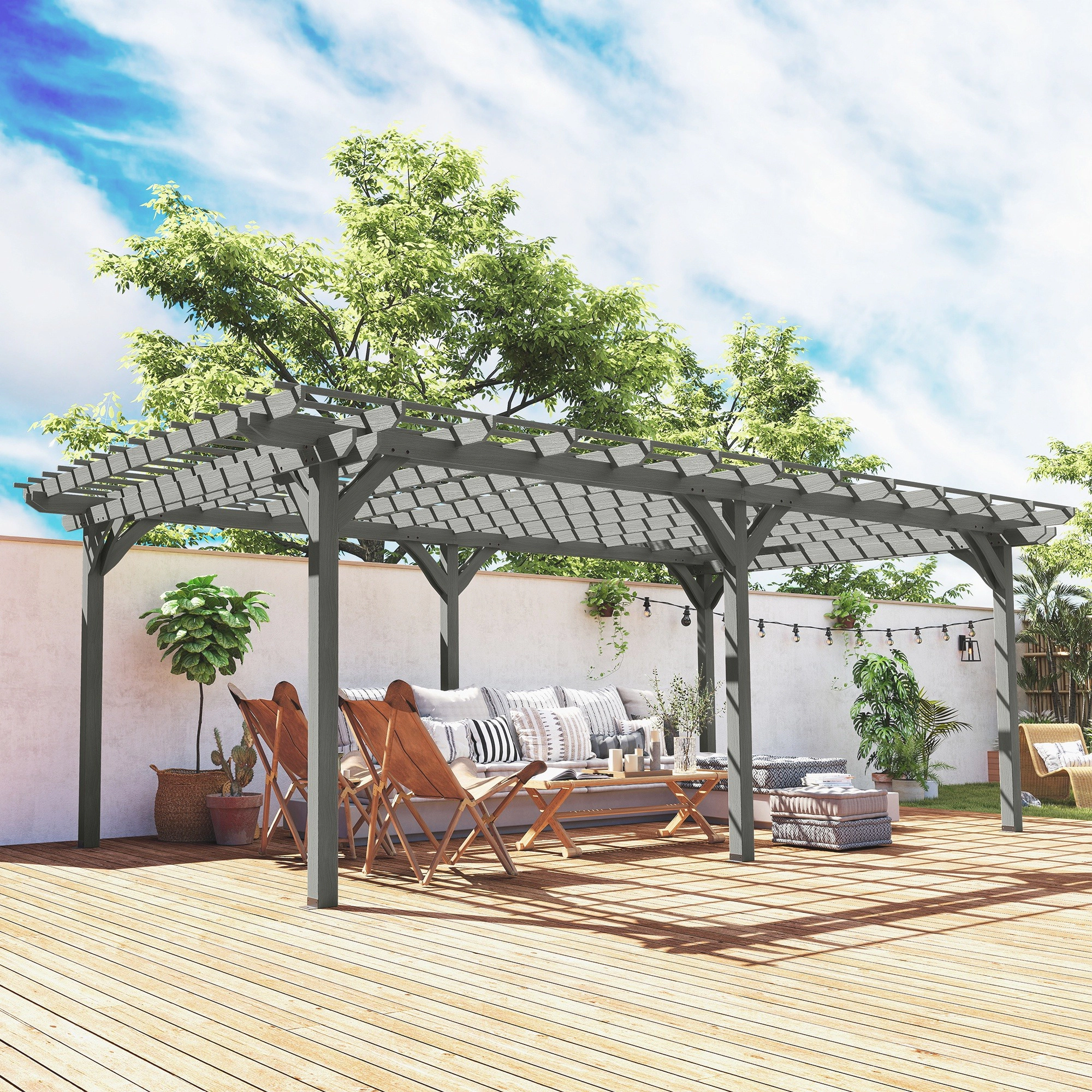 HONGGE Outdoor Pergola, Wood Gazebo Grape Trellis with Stable Structure for Climbing Plant Support, Gray