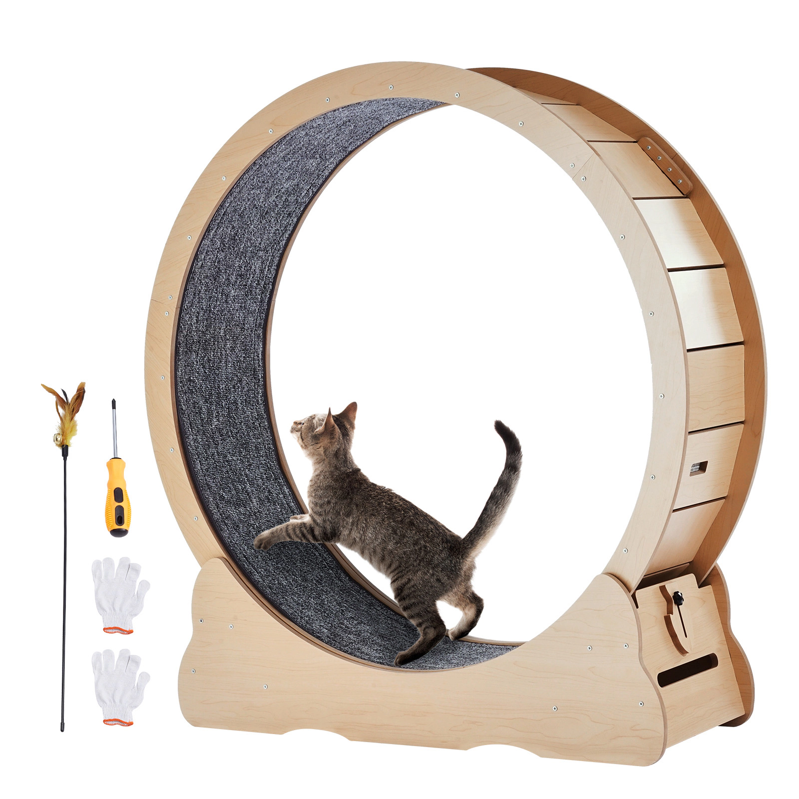 HONGGE Wooden Cat Exercise Wheel Large Cat Treadmill Wheel for Indoor Cats Cat Running Wheel with Detachable Carpet &