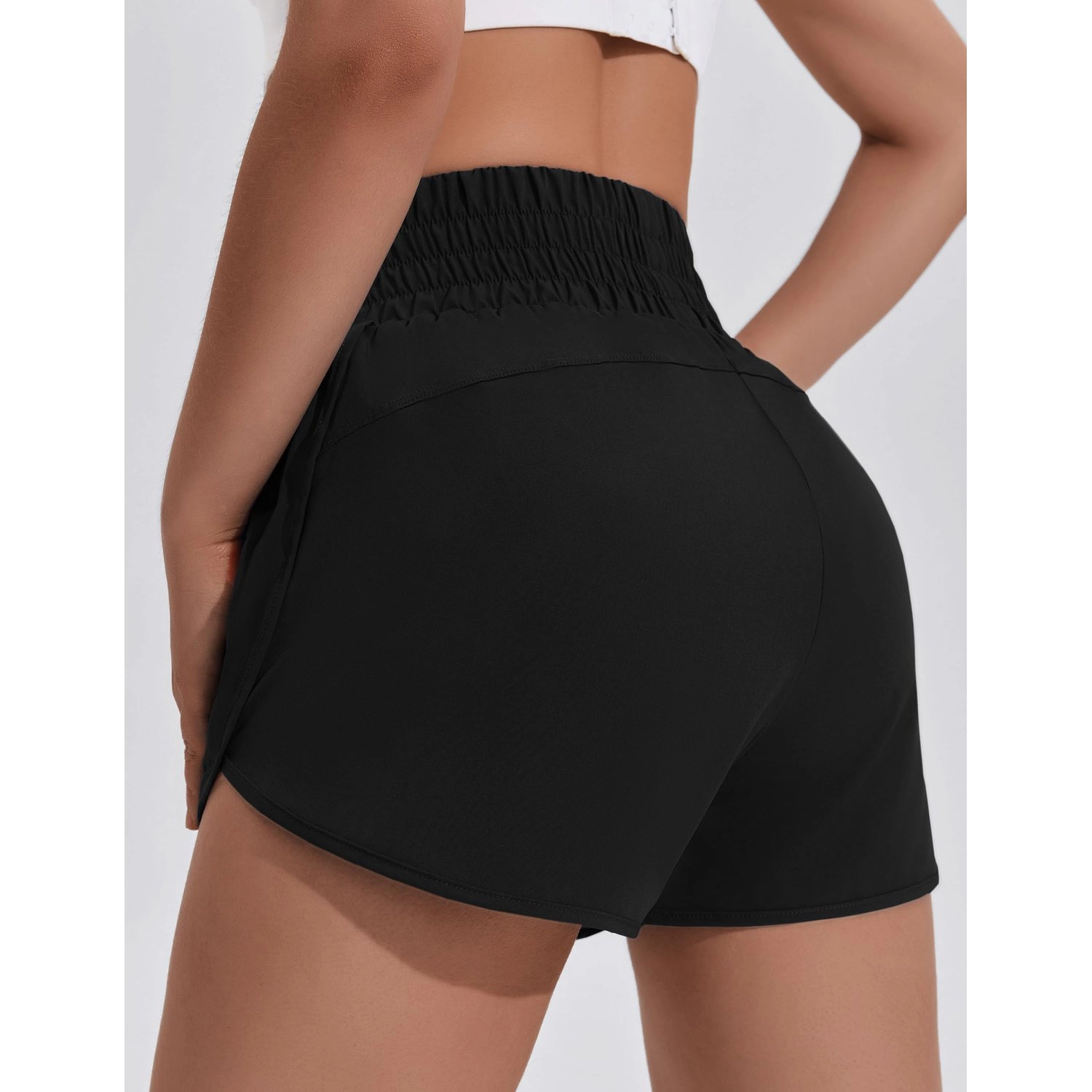 Pinspark Womens Solid High Waist Running Shorts Smocked Elastic Zip Pockets