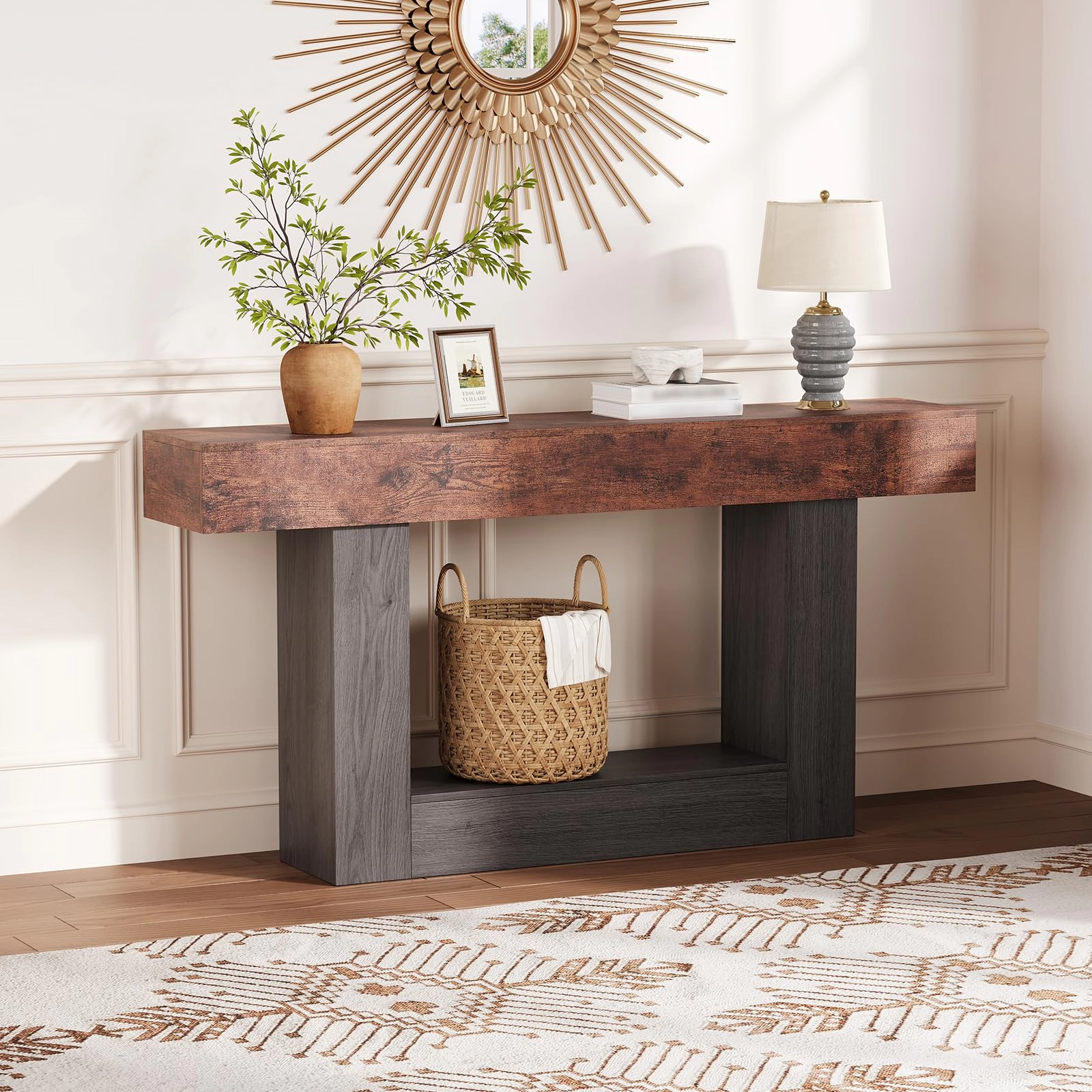 BebreezChic 63" Farmhouse Console Table with Charging Station, 2-Tier Narrow Entryway Sofa Table with Shelf