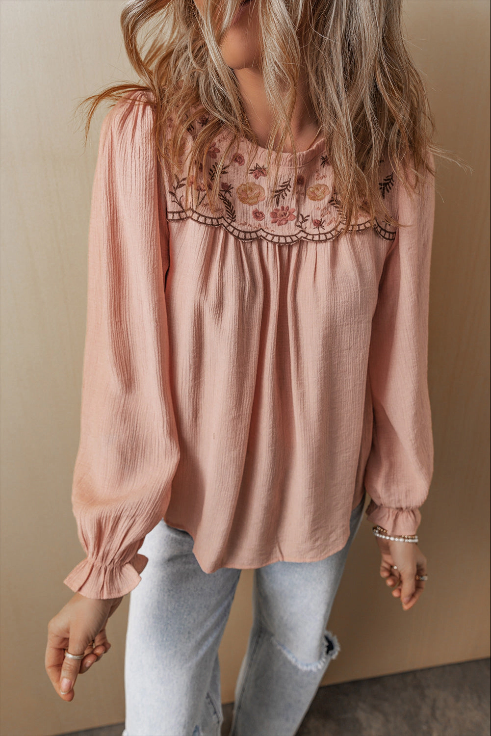 Threaded Pear Women's Angela Embroidered Flounce Sleeve Elegant Blouse