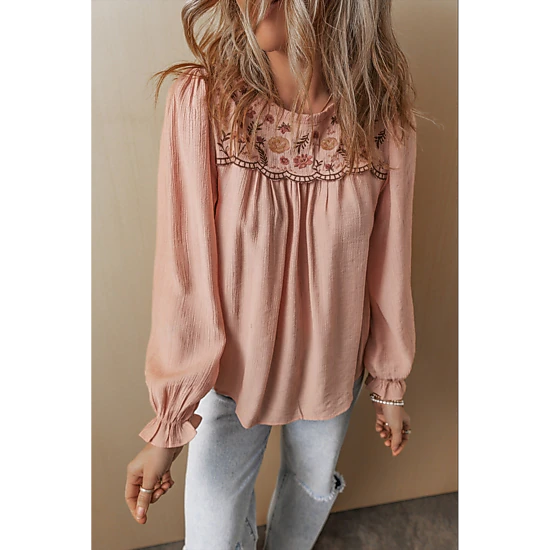 Threaded Pear Women's Angela Embroidered Flounce Sleeve Elegant Blouse