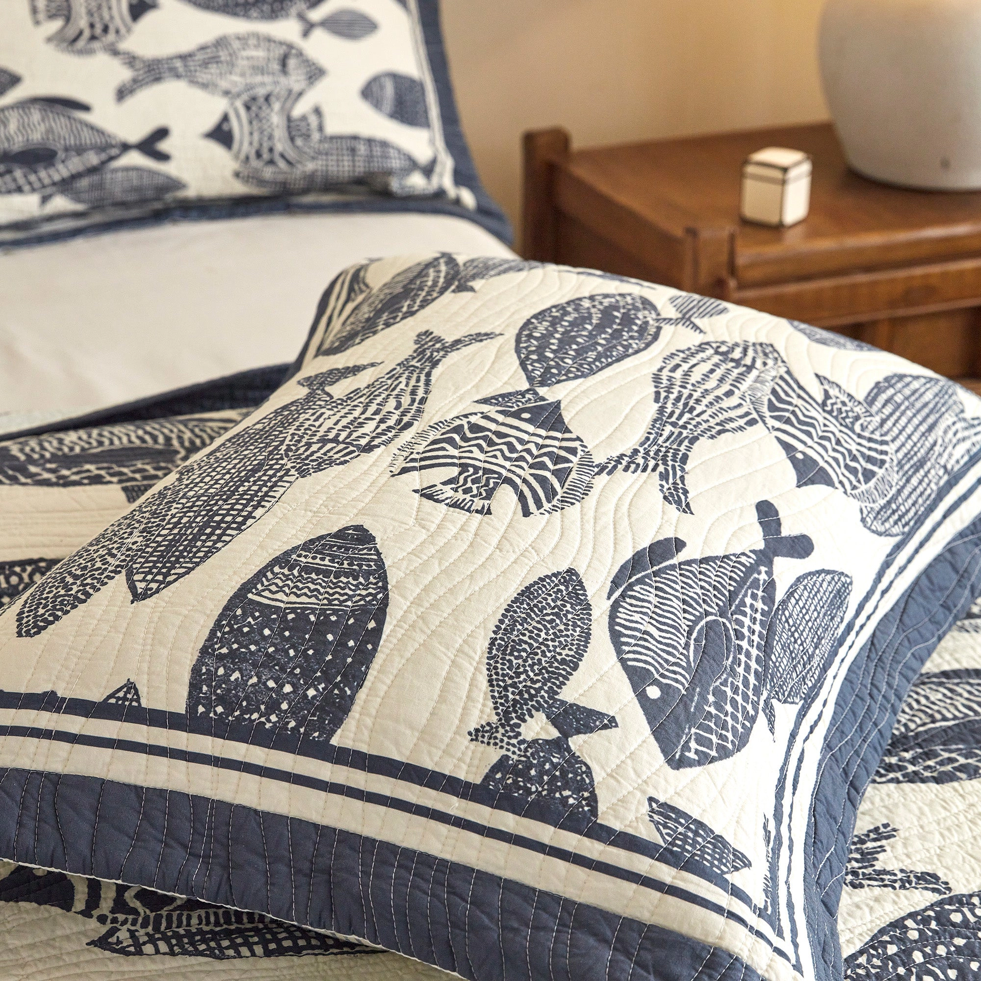 MarCielo 3 Pieces 100% Cotton Nautical Fish Print Quilt Set – Coastal Bedspread Set