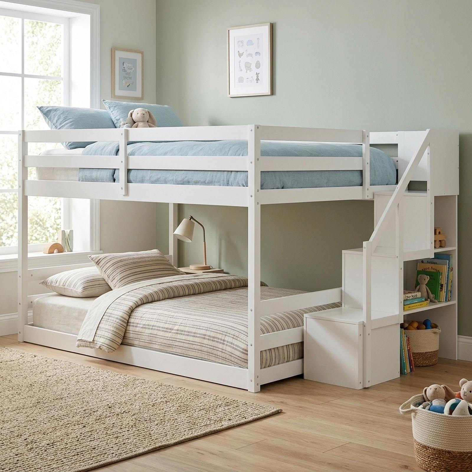 SUGIFT Full-Over-Full Low Bunk Bed with Storage Stairs, Handrails, White