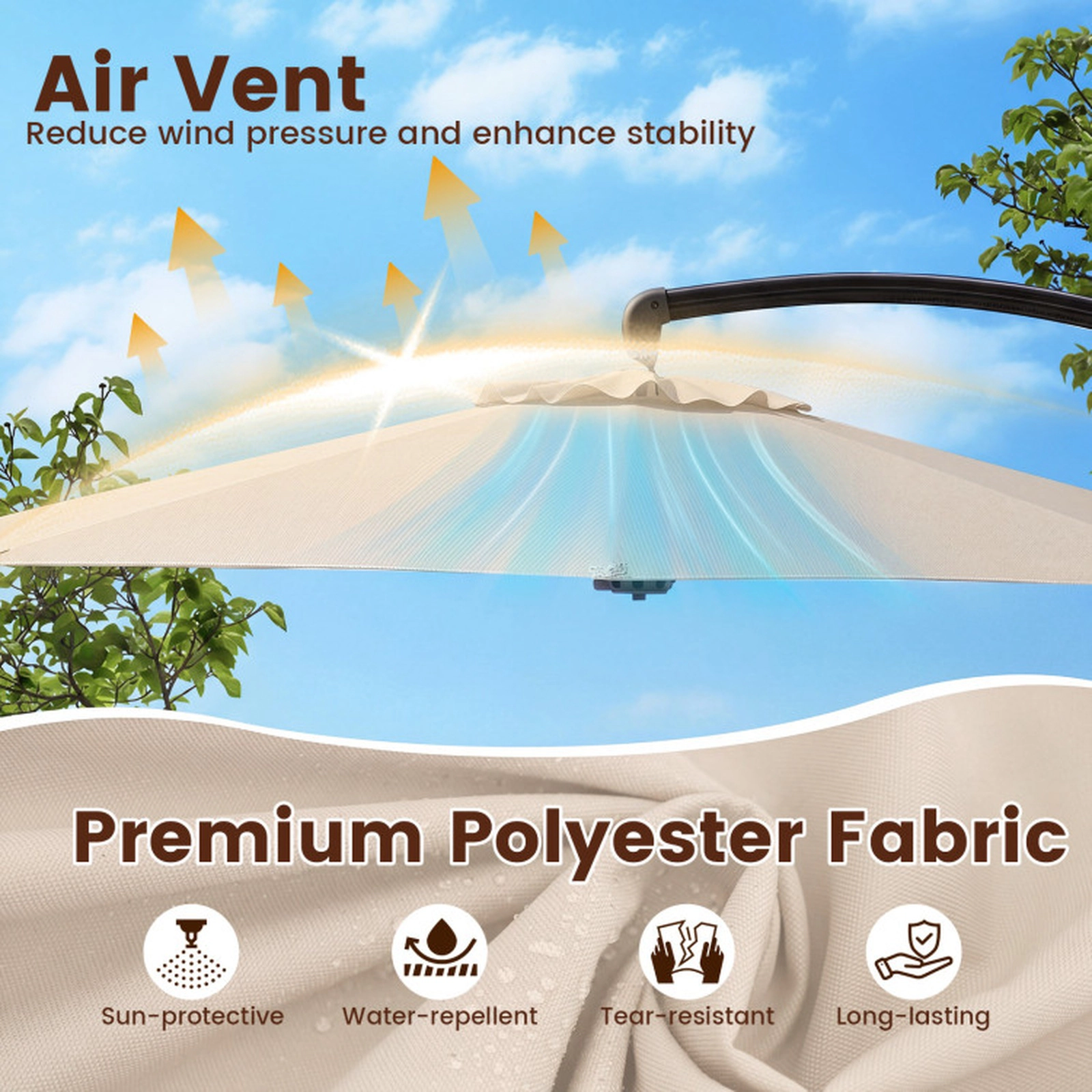 SUGIFT 11-ft Beige Aluminum Offset Cantilever Patio Umbrella with 220-lb Sandbag Base and Foot Pedal Spin