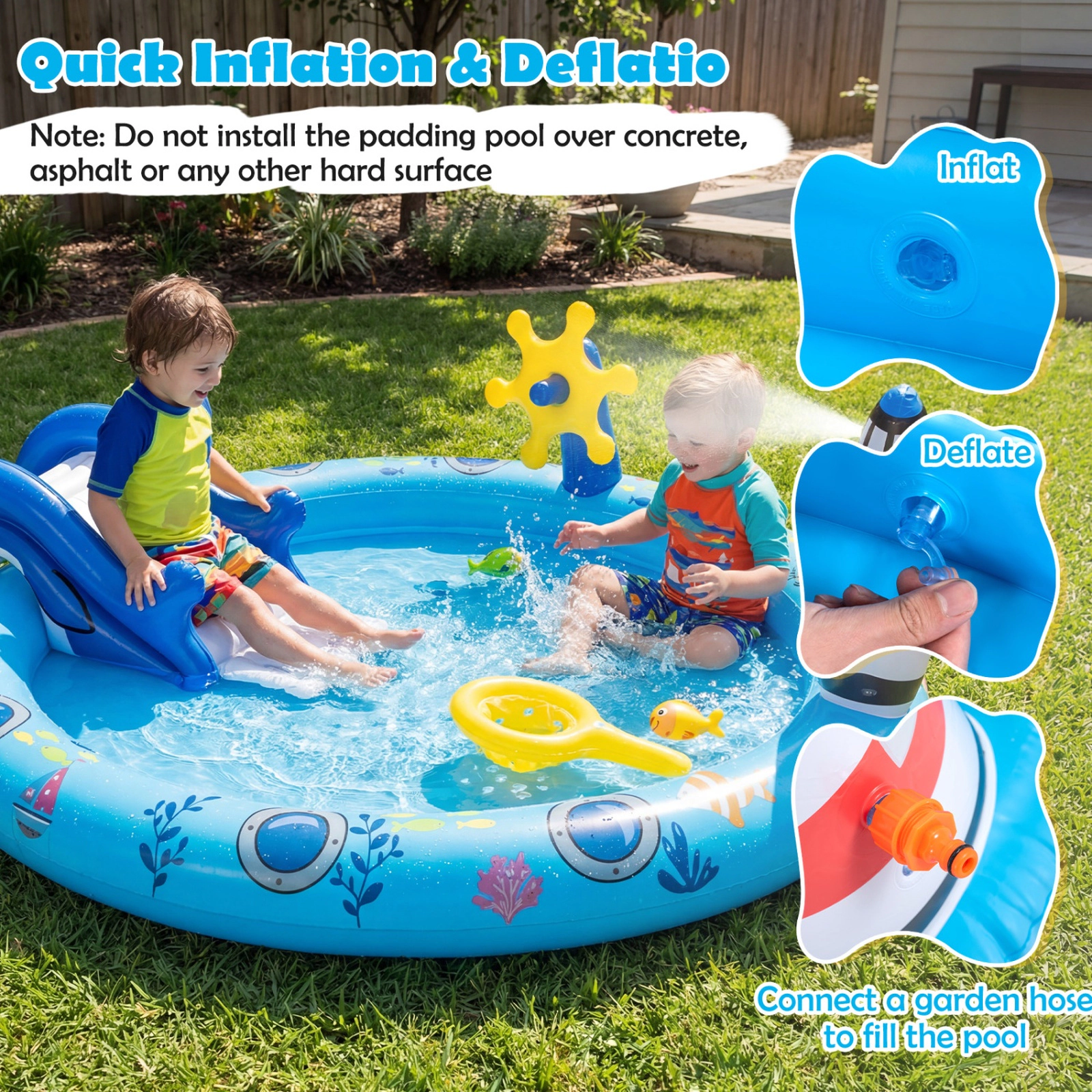 SUGIFT Shark Slide Lighthouse Sprinkler and Fishing Game Kids Inflatable Marine Spray Pool Play Center