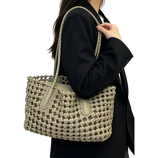 Alilang Women's Open Weave Leather Tote Bag with Braided Shoulder Straps and Interior Zip Compartment