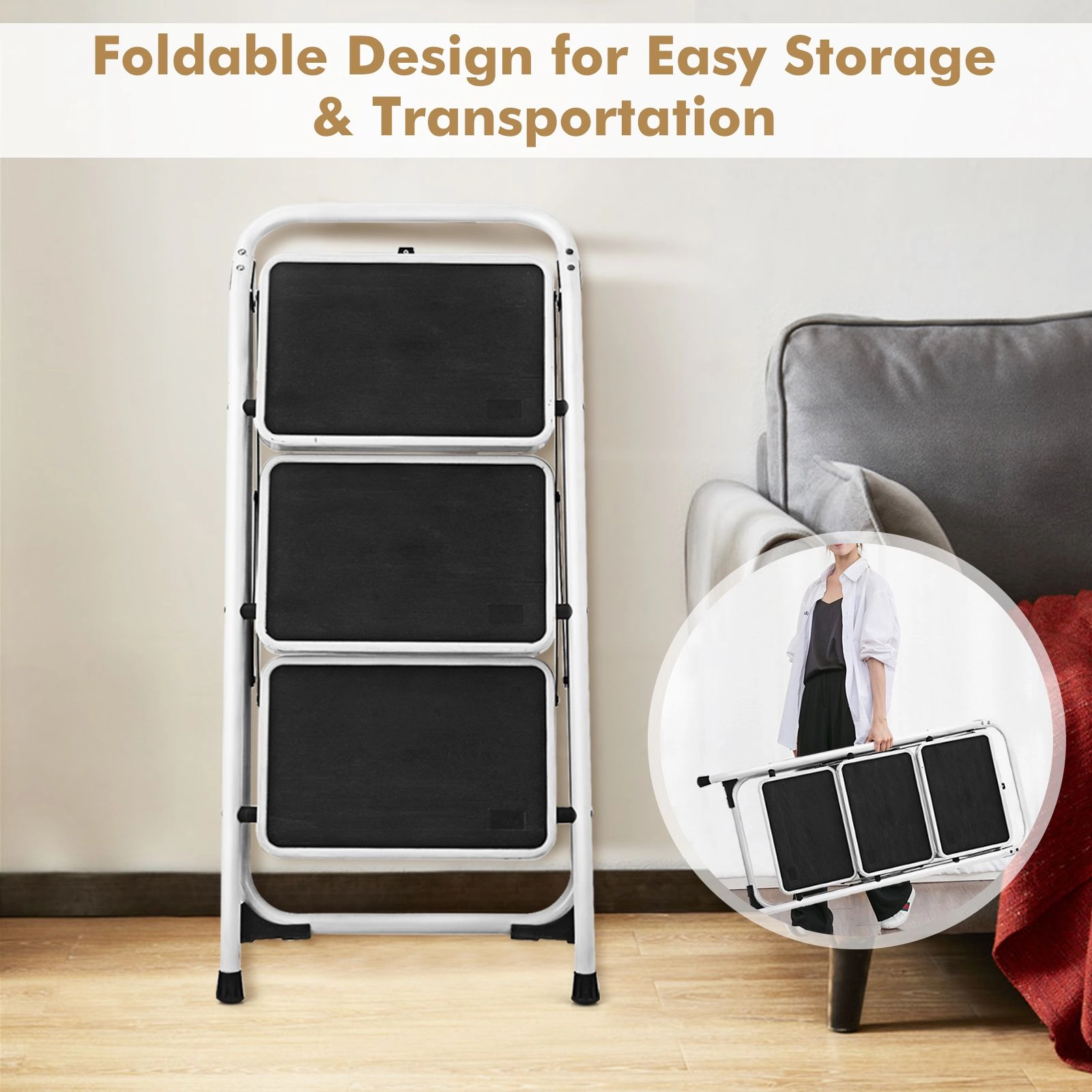 SlickBlue 3-Step Step Stool Ladder, Foldable, Anti-Slip Wide Steps