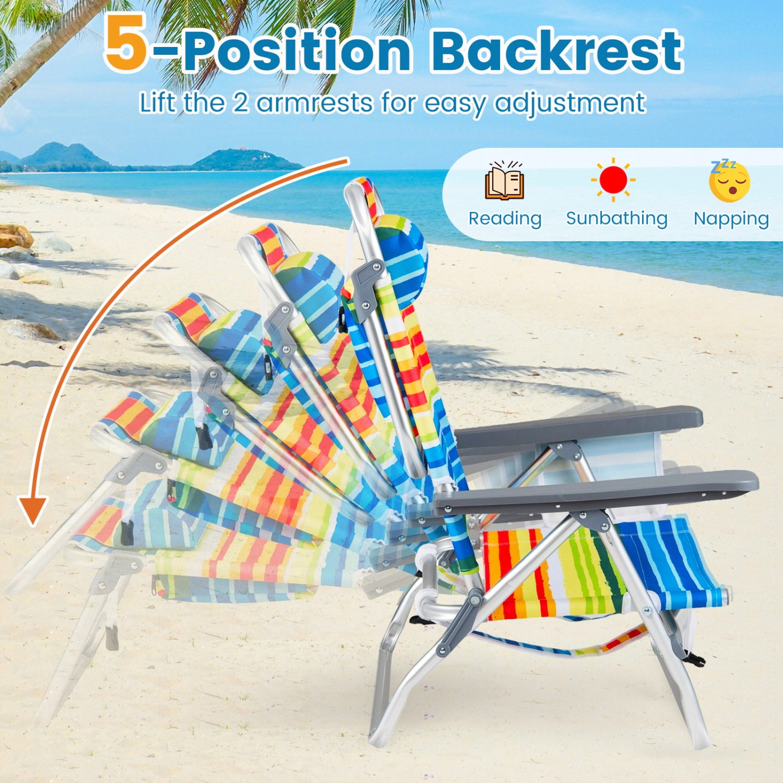 SUGIFT Set of 2 Yellow Reclining Backpack Beach Chairs with Cooler Pouch and Headrest