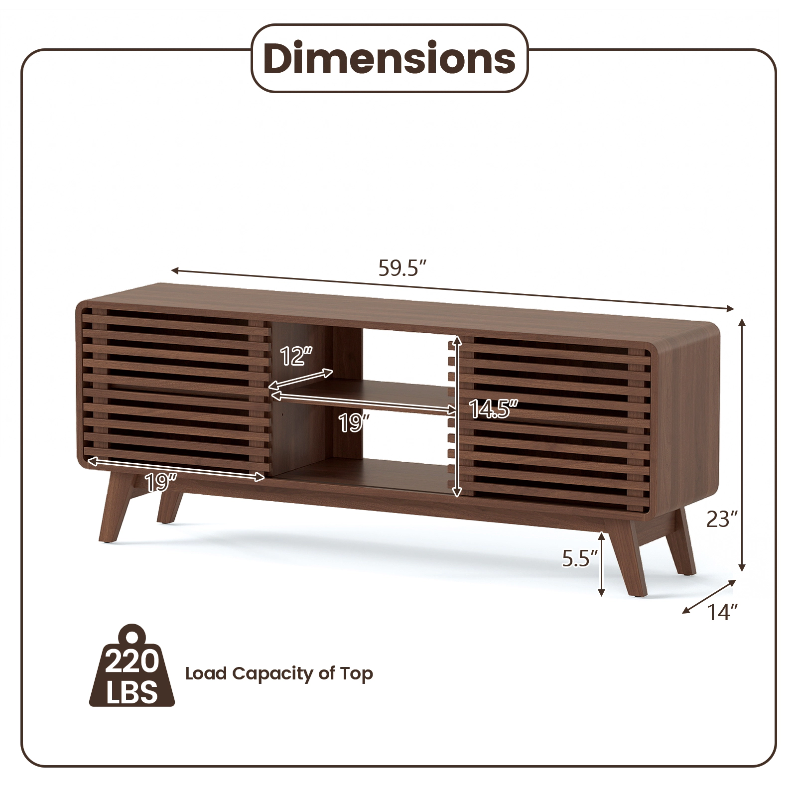 SUGIFT Walnut TV Stand for TVs up to 65 in, 220 lb Top Capacity, Sliding Door Cabinets