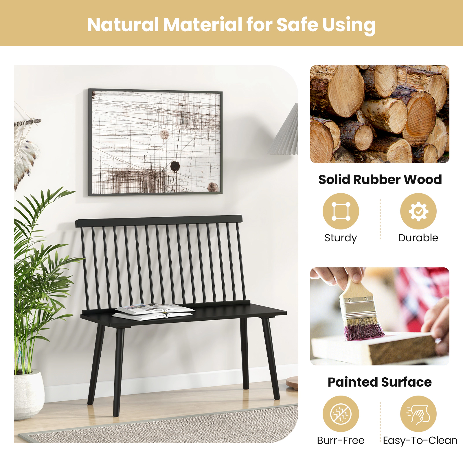 SUGIFT Entryway Bench Black Rubber Wood 2-Seat Bench with Removable Spindle Back