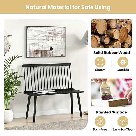 SUGIFT Entryway Bench Black Rubber Wood 2-Seat Bench with Removable Spindle Back