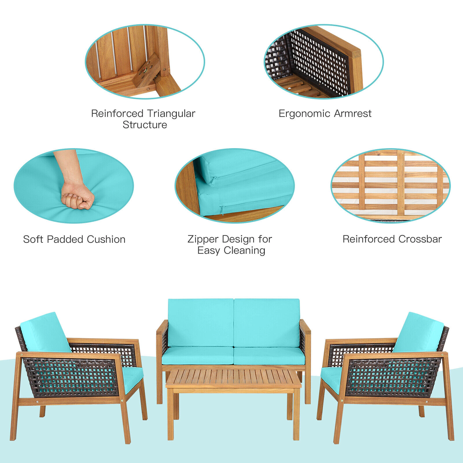 SUGIFT Acacia Wood Frame and Removable Cushions 4-Piece Turquoise Patio Rattan Set