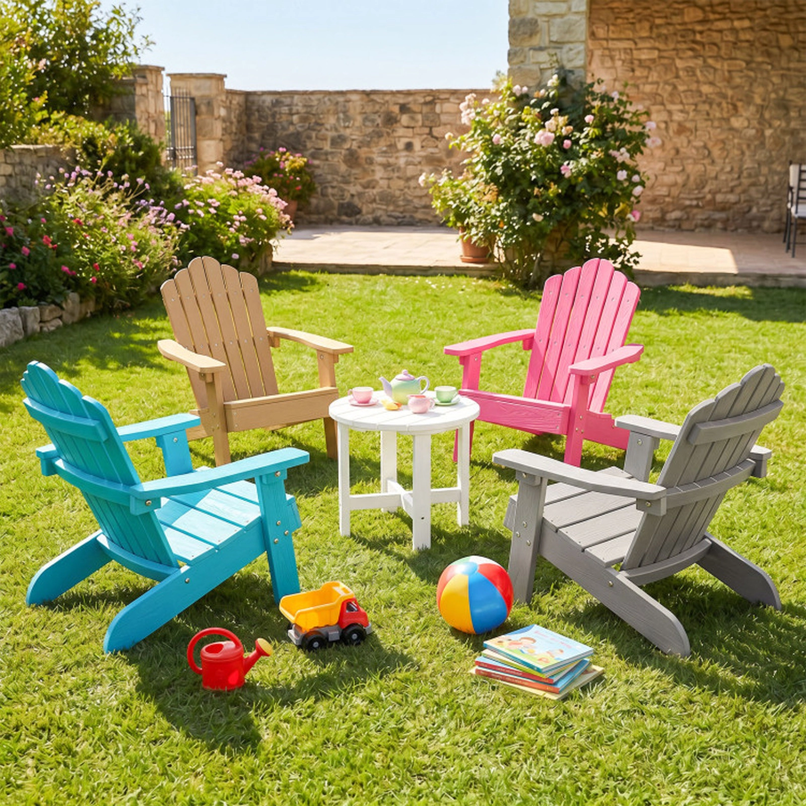 SUGIFT All-Weather Kids Adirondack Chairs 165-lb Capacity Ages 3-7 with Tilted High Backrest Turquoise