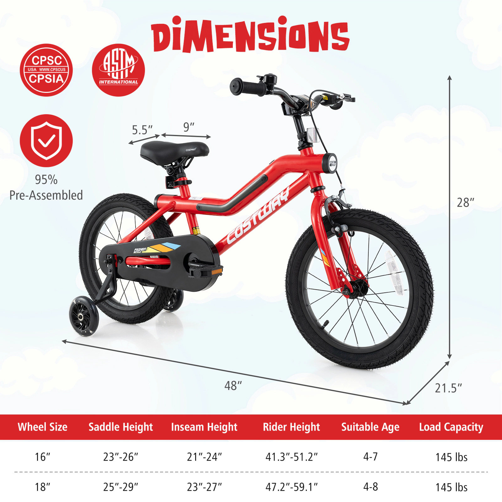 LJG Patented Kids Bike with LED Lights Adjustable Carbon Steel Bicycle