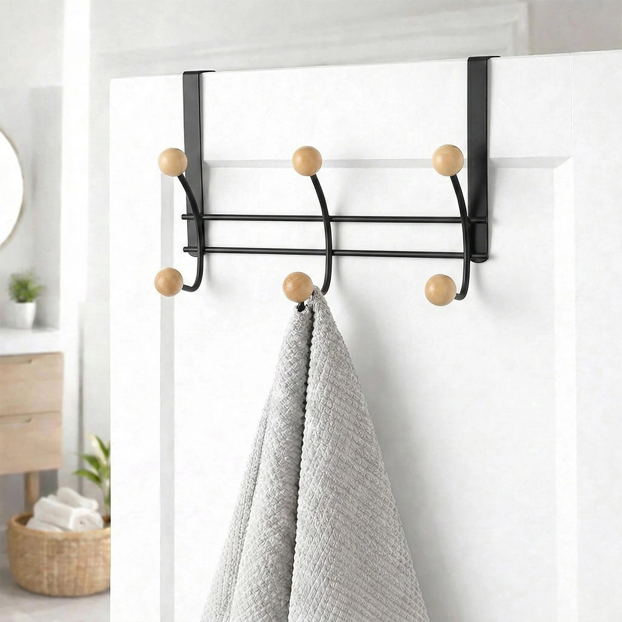 Evideco French Home Goods Over-the-Door Double Hook Rack - Metal, 6 Ball-Tipped Ends