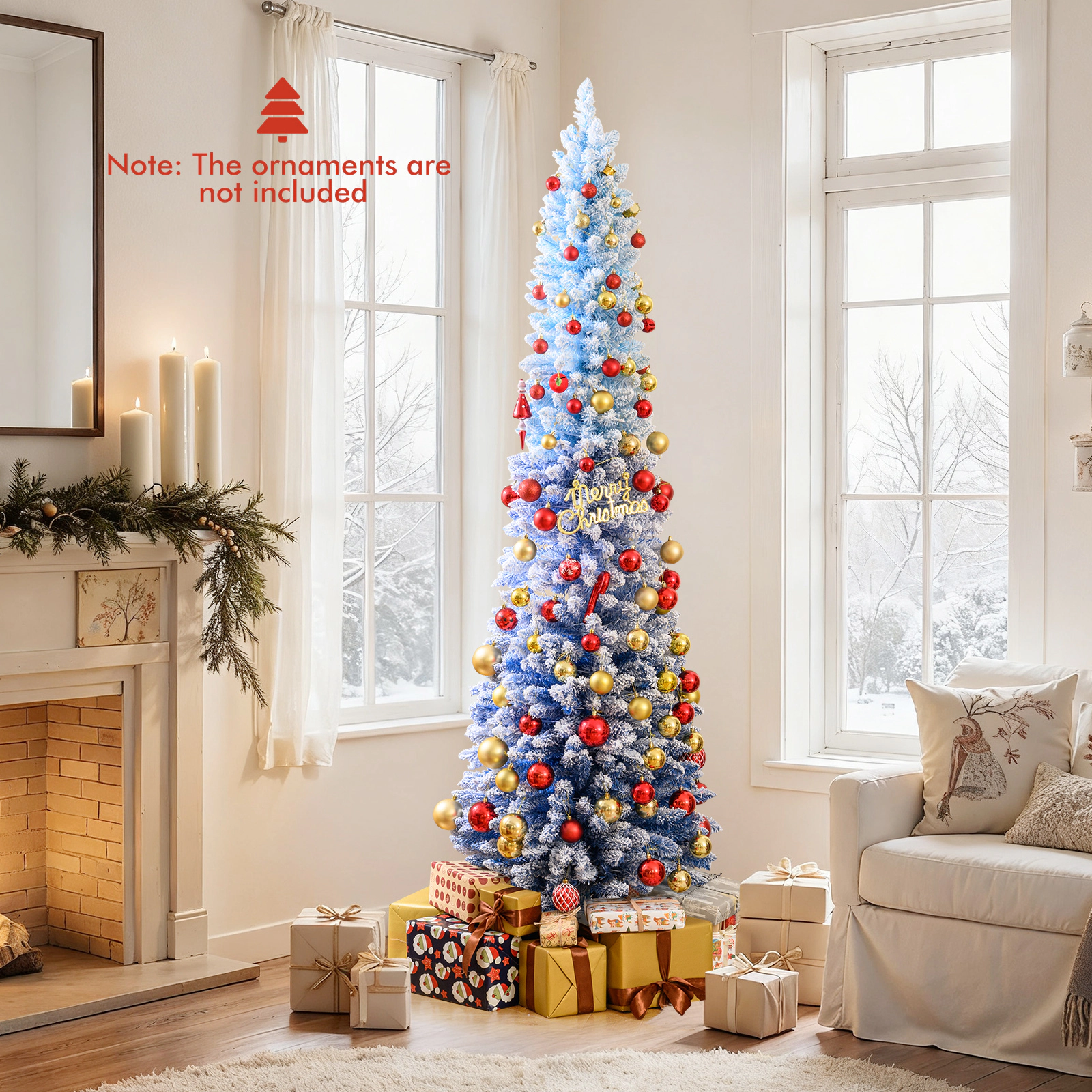 SUGIFT 7-ft Slim Snow Flocked Pre-Lit Christmas Tree Blue Gradient with 588 Tips and 290 LED Lights