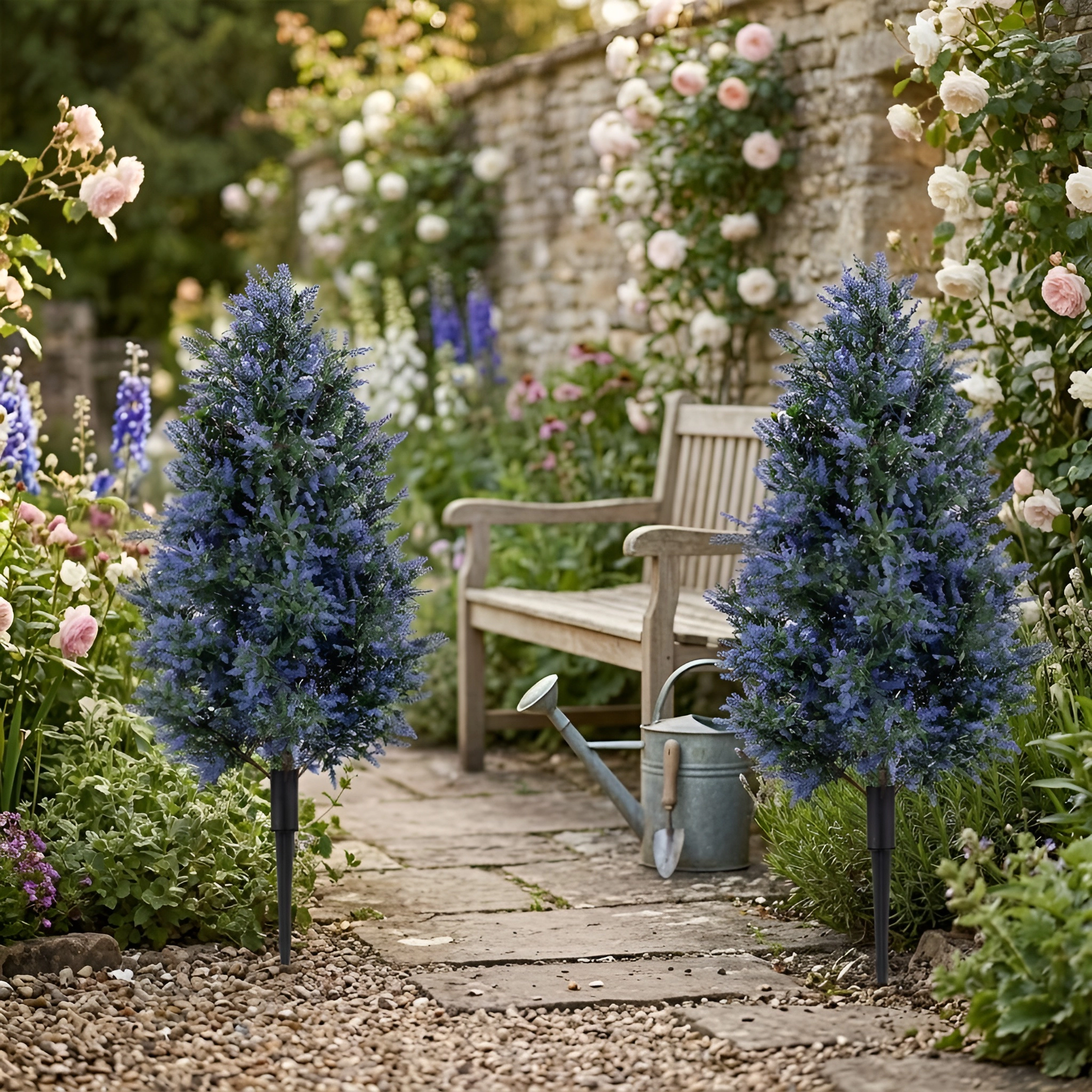 Slickblue Faux Lavender Topiary Trees Set of 2 with Ground Spikes Outdoor Decor