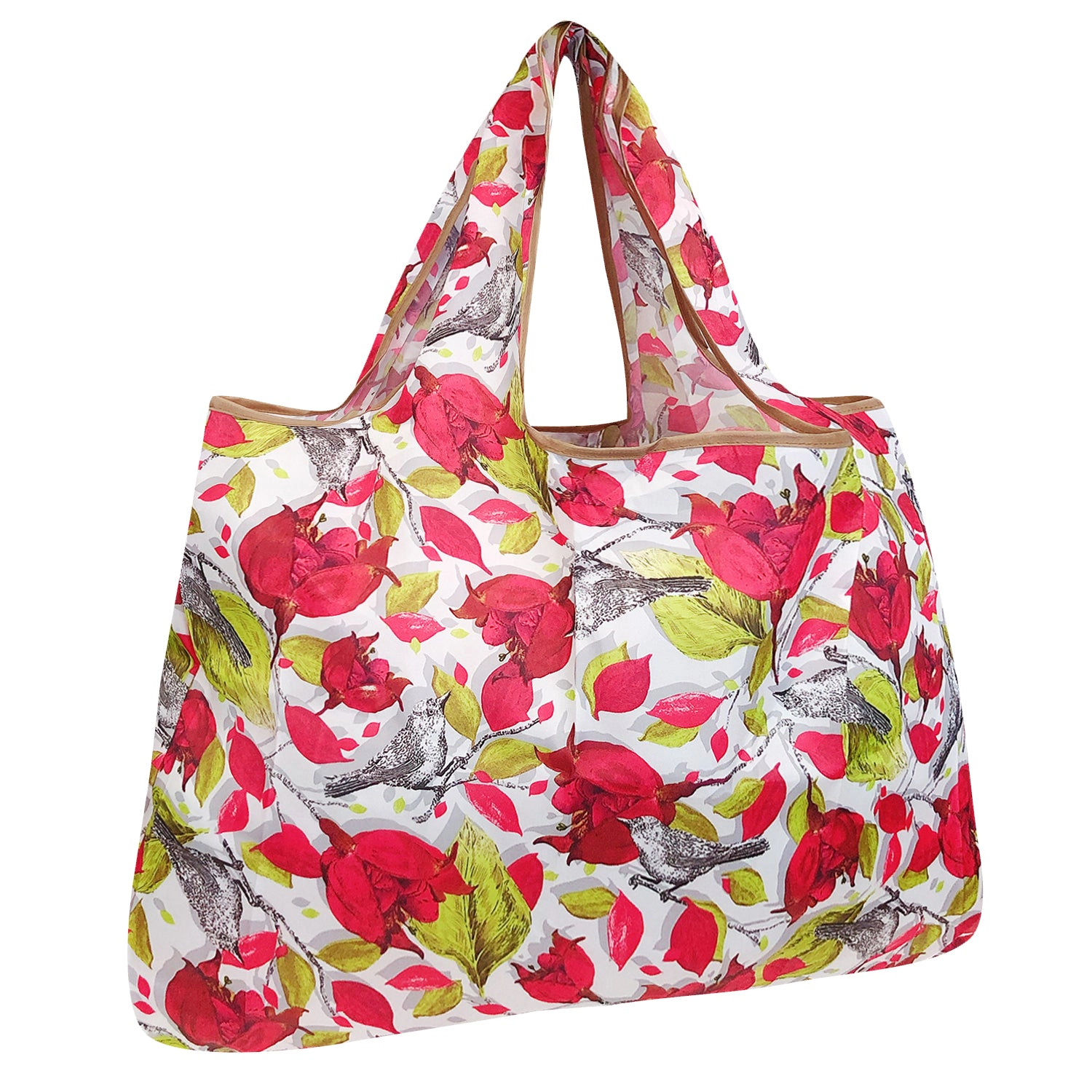 Wrapables Large Nylon Reusable Shopping Bag for Groceries, Red Floral with Gray Birds