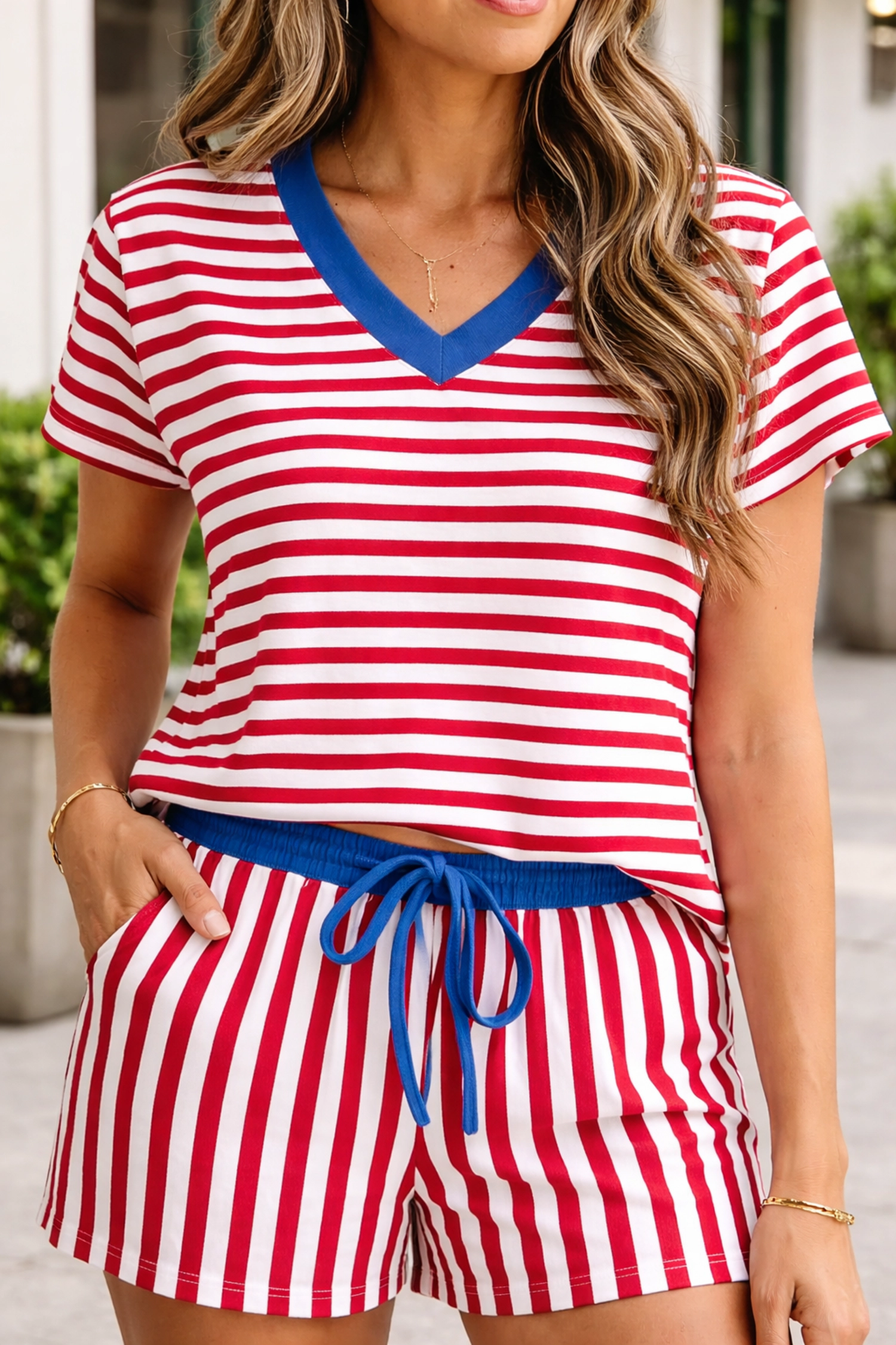 Threaded Pear Womens Skye Stripe Trim Tee Set