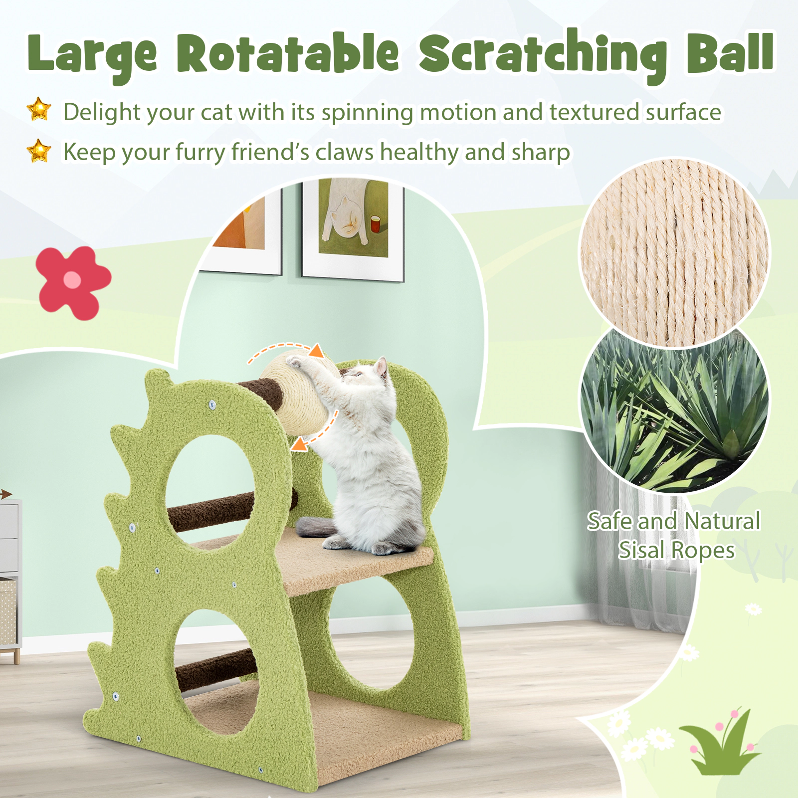 SUGIFT 2-Tier Modern Cat Tree for Indoor Cats with Rotatable Sisal Scratching Ball 22-lb Capacity Green+Beige