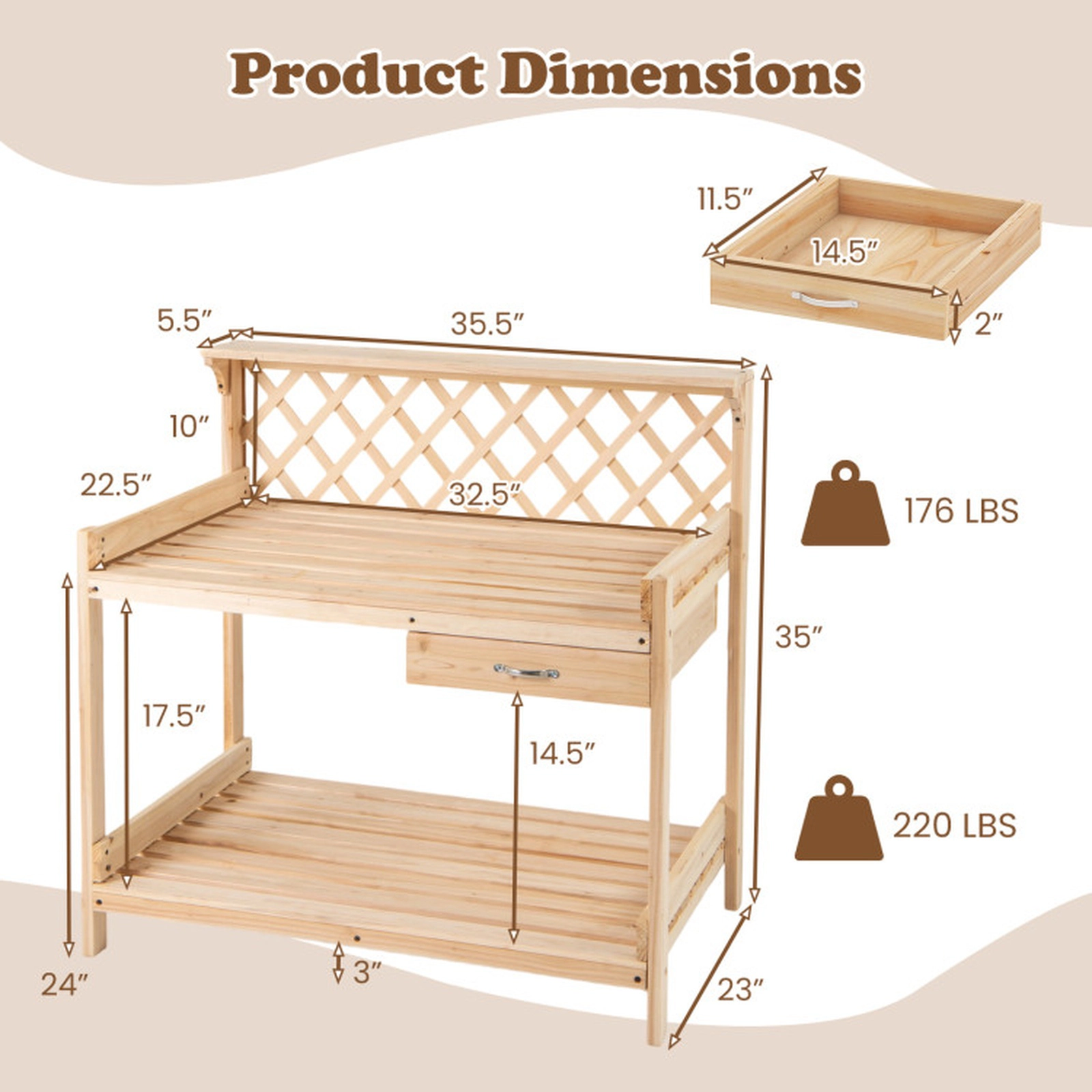 SUGIFT Natural Wood Potting Bench with Lattice Trellis and Drawer 35.5-in W 34.5-in H 176-lb Tabletop Capacity