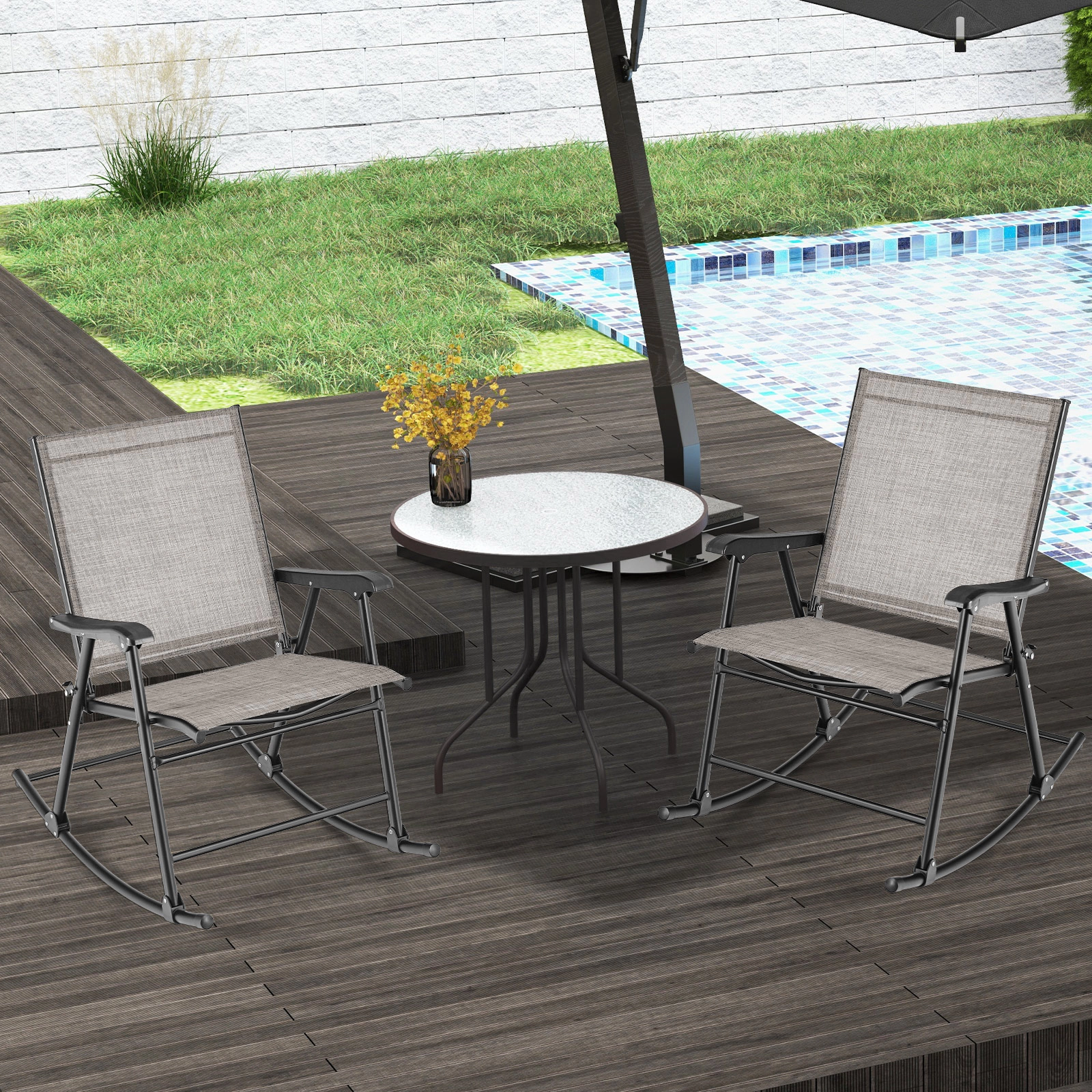 SUGIFT Folding Rocking Chair Set of 2 with Breathable Fabric Seat 330-lb Capacity 32.5-in Rocking Frame Brown