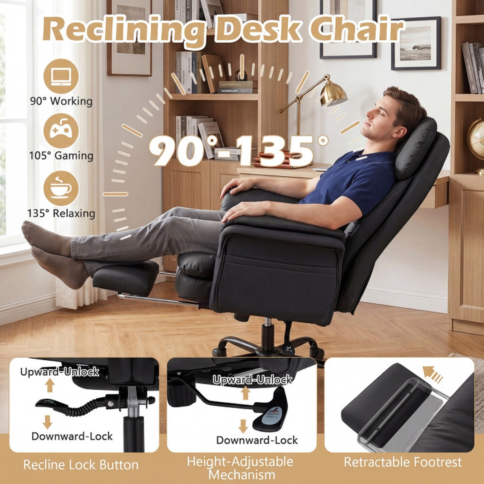 SUGIFT Retractable Footrest 500-lb Ergonomic Cross Legged Big and Tall Executive Chair