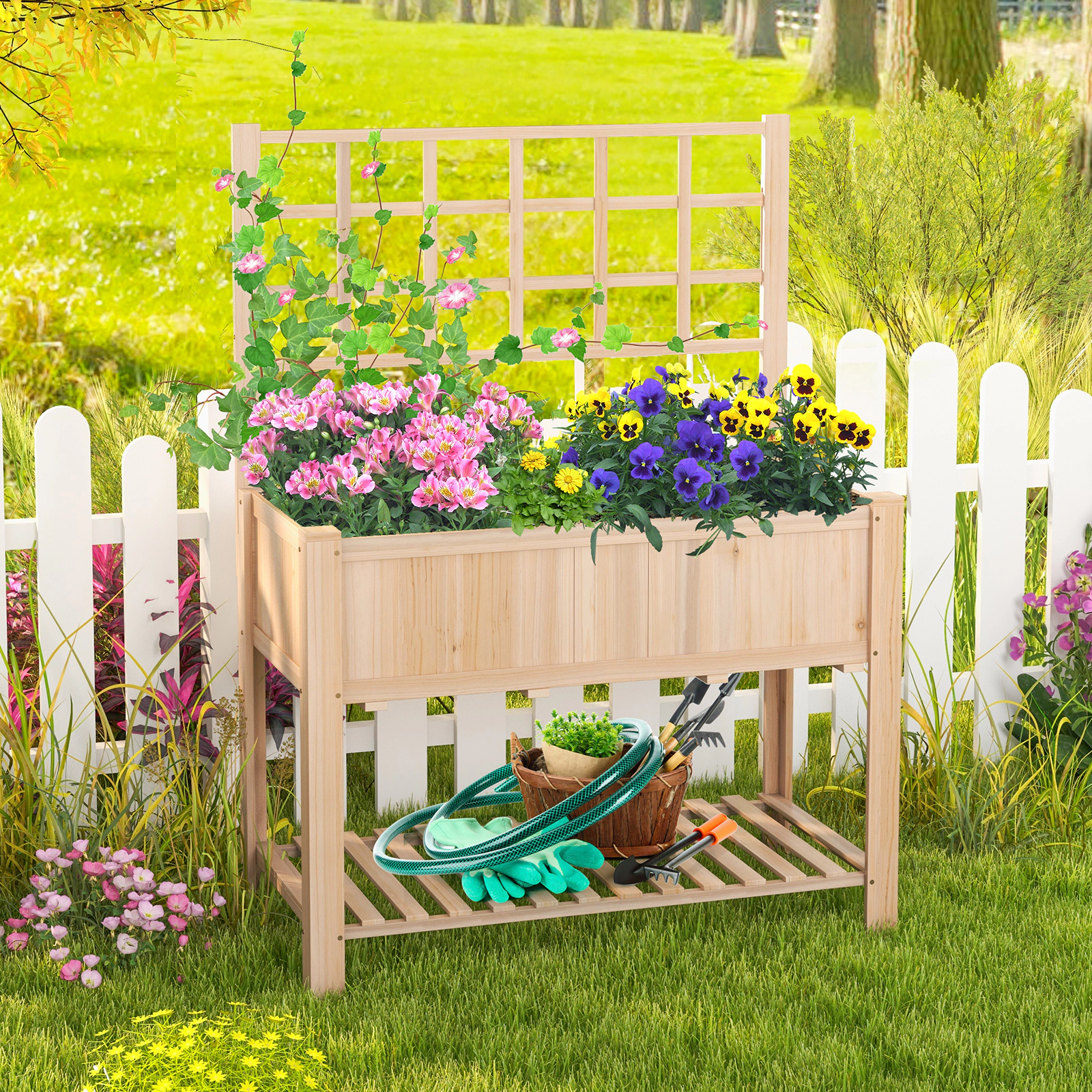 LJG Raised Garden Bed Elevated Wooden Planter Box with Trellis
