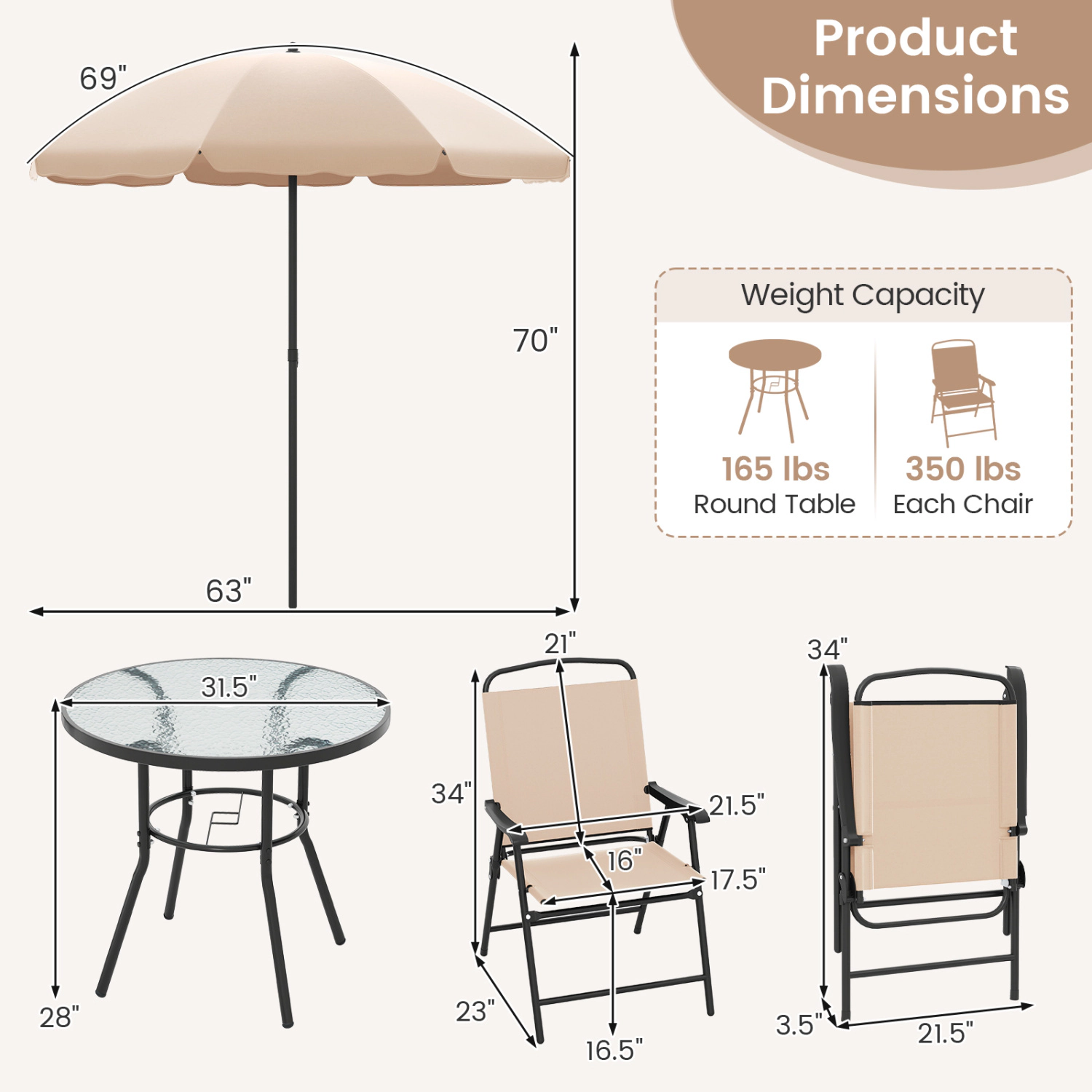 LJG 6 Pieces Patio Dining Set with Umbrella and 4 Folding Armchairs