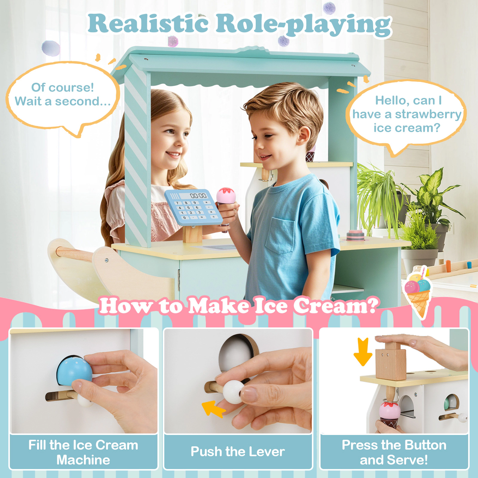 LJG Kids Ice Cream Truck Pretend Play Set for Toddlers with Vending Machine
