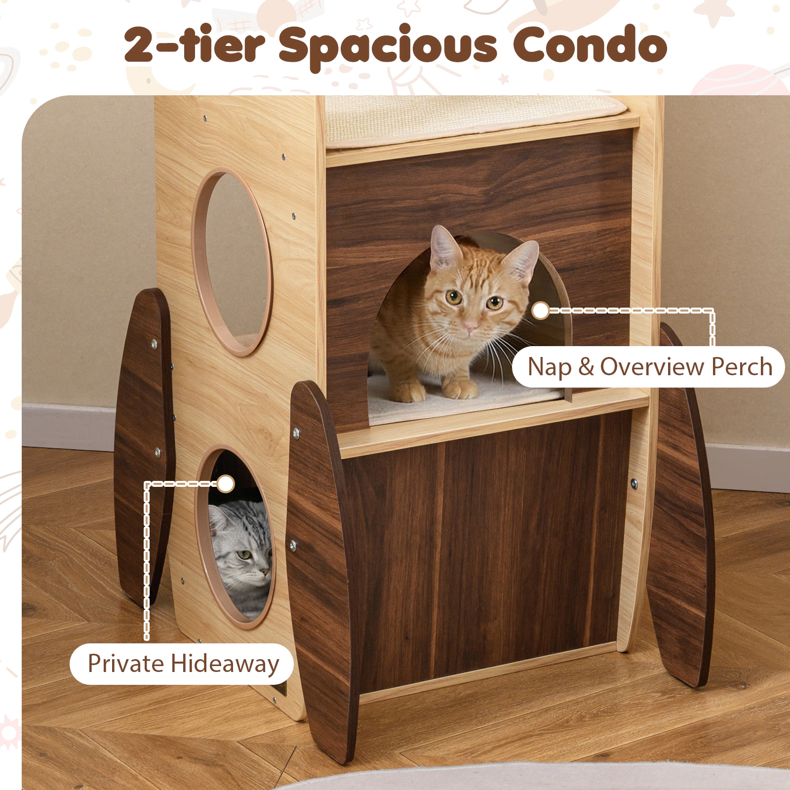 SUGIFT 47-in Rocket-Shaped Large Wooden Cat Tree Tower with Guardrail Top Perch 3 Entries and Sisal Pad