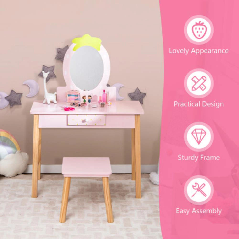Hivvago 2-In-1 Children Vanity Table Stool Set With Mirror-Pink