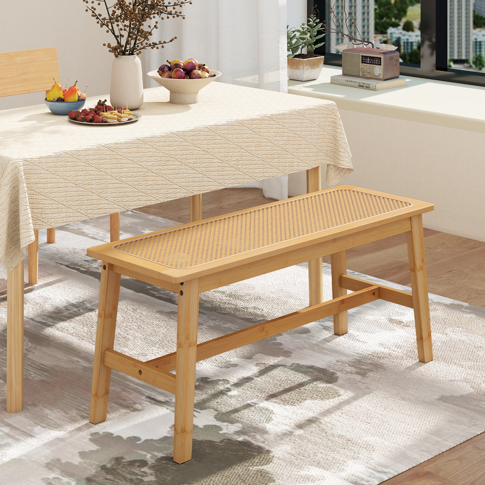 LJG 39.5 Inch Bamboo Dining Bench with Handwoven Rattan Seat for Indoor Outdoor